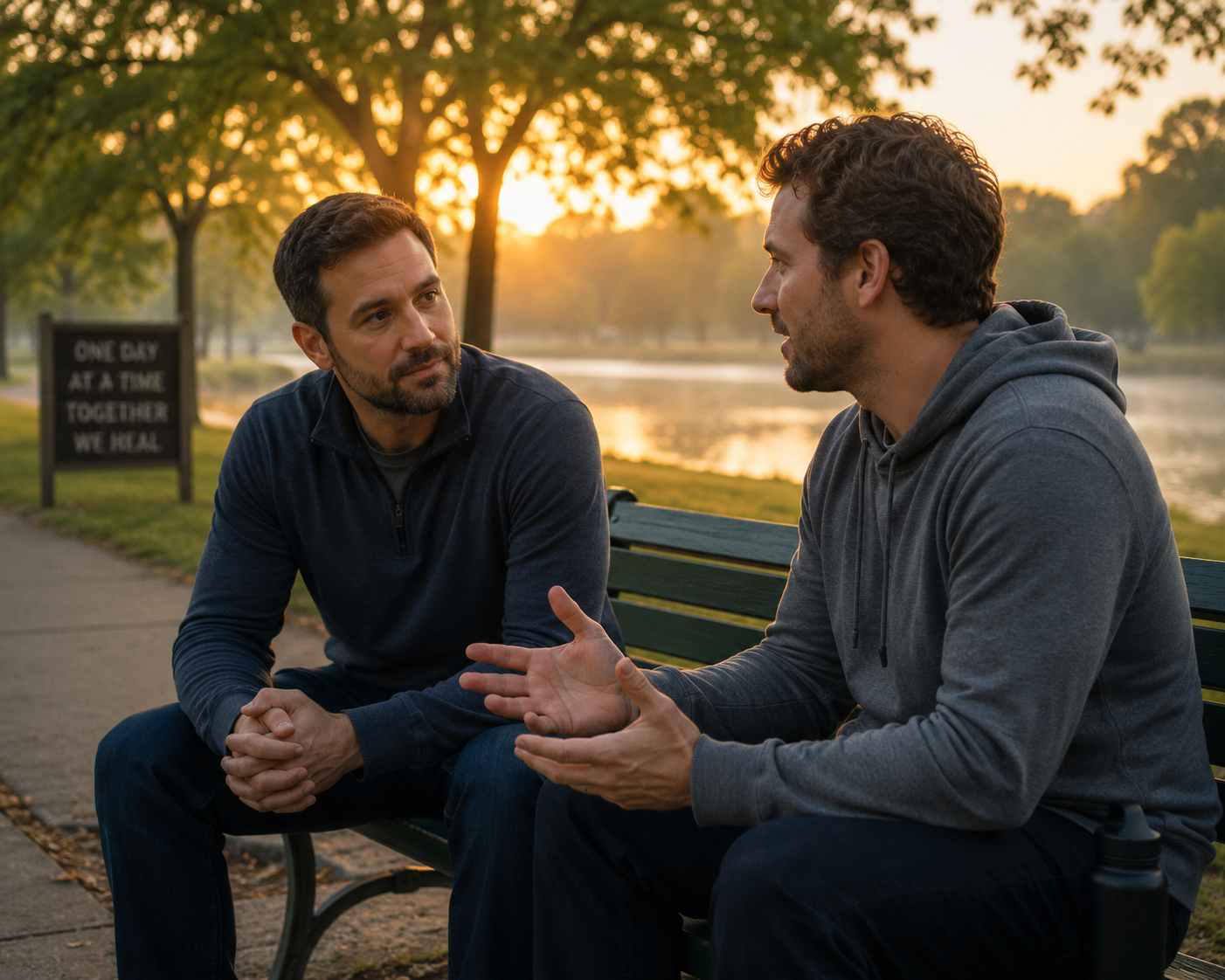 Two men sit together on a park bench at sunrise having an honest conversation, symbolizing the trust and support of an accountability partner in recovery.