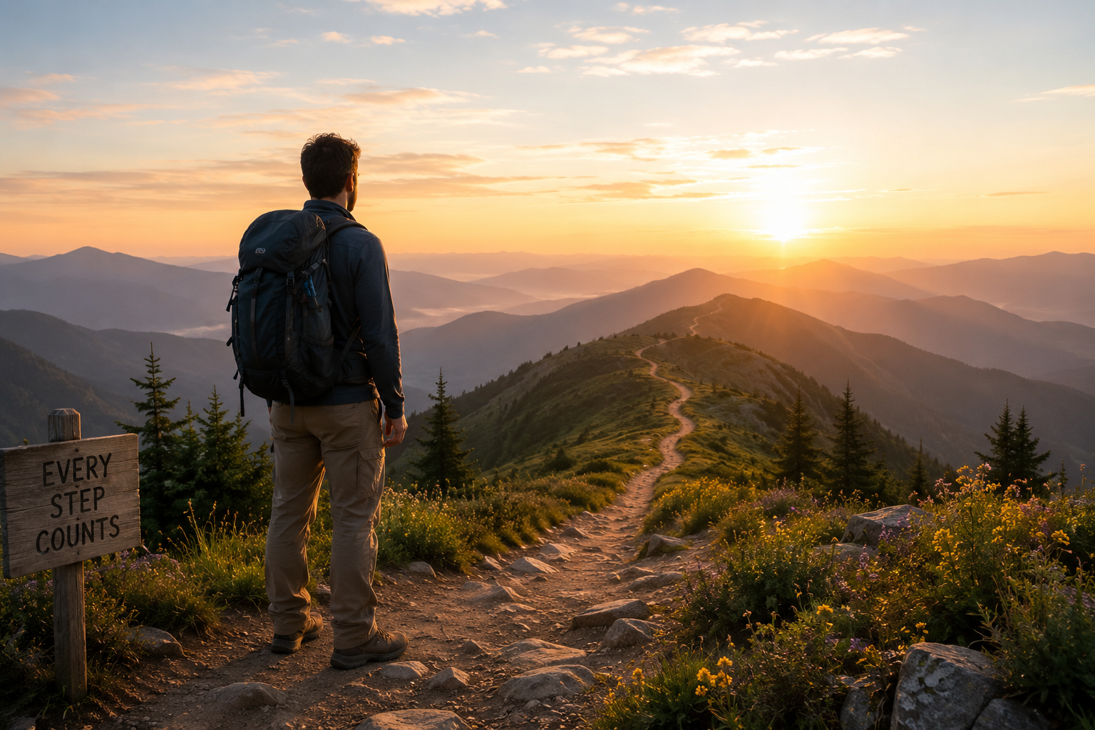 Man hiking a mountain trail at sunrise beside a sign that reads 