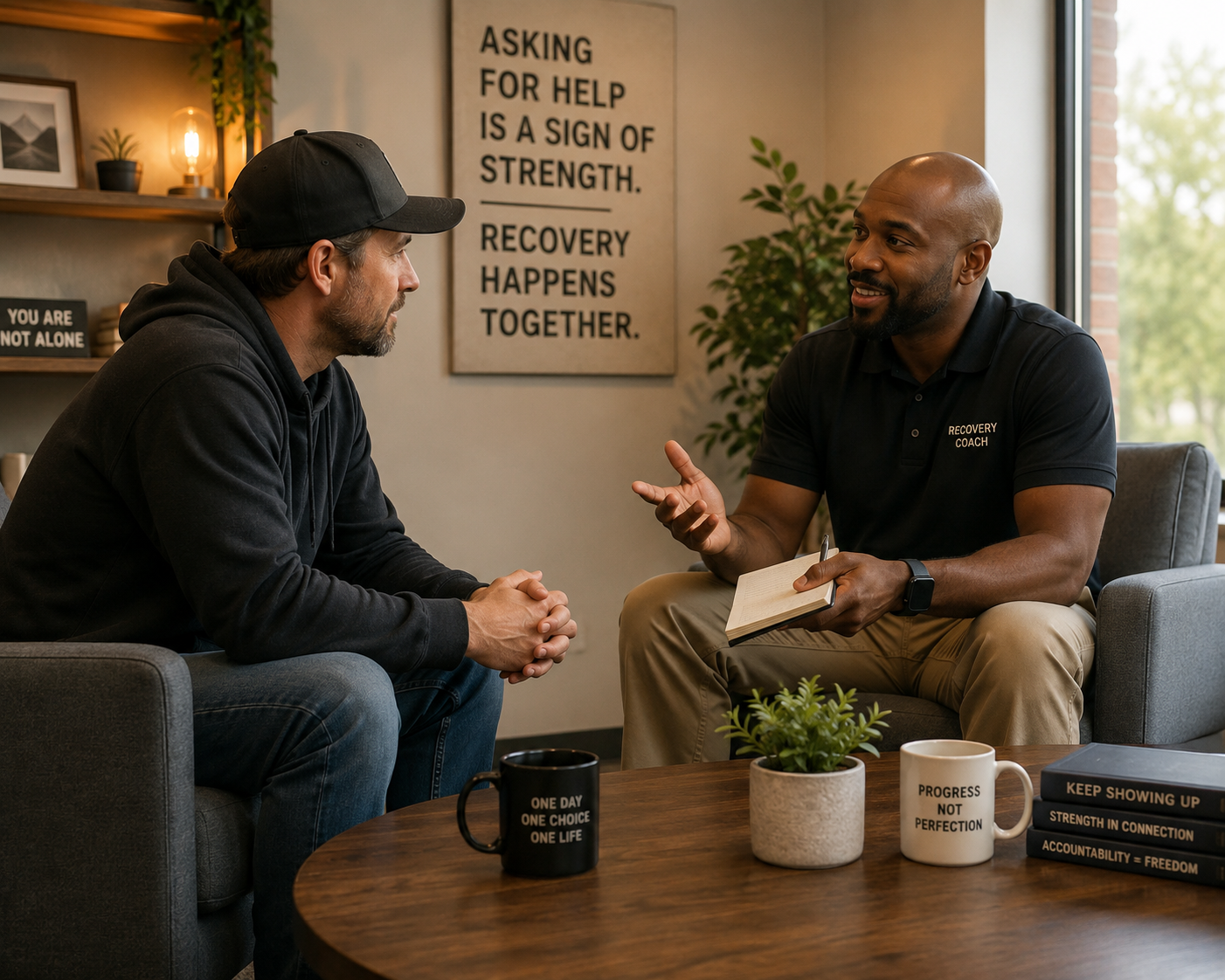 Man talking with a recovery coach during a confidential porn addiction coaching session