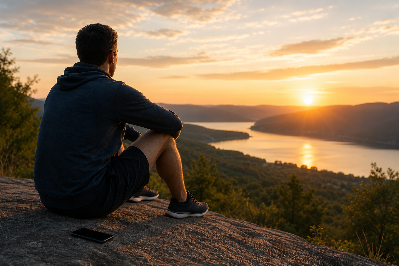 Man sitting quietly at sunrise with his phone face down, looking toward the horizon