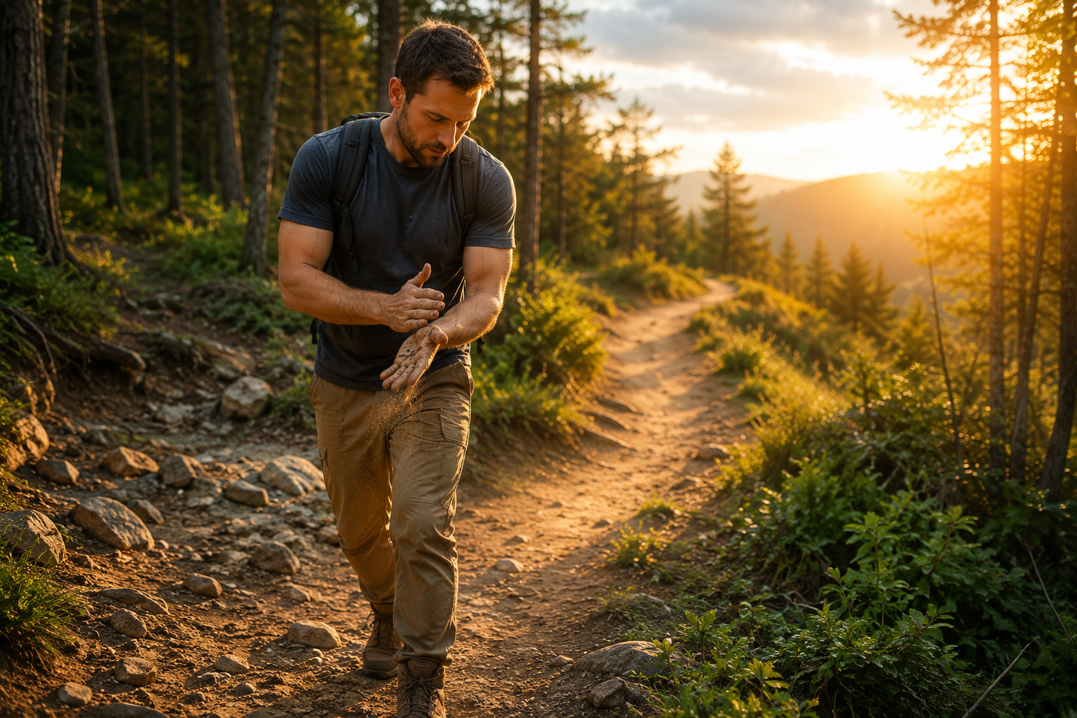 Man on a forest trail brushing dirt off his hands after a stumble, walking steadily forward toward the sunrise, representing recovery after a porn addiction relapse