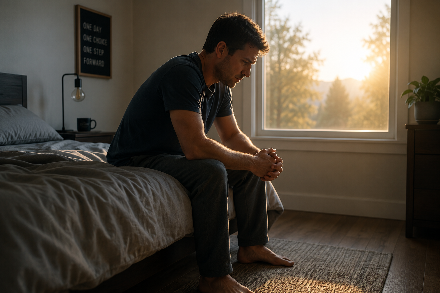 Man sitting quietly on the edge of his bed at sunrise, reflecting during porn addiction recovery and withdrawal