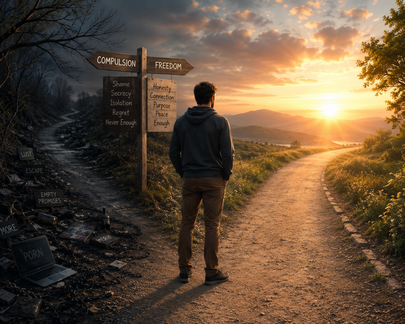 A man stands at the edge of two clearly marked paths at sunrise, one dark path representing compulsion and one open path representing freedom, symbolizing the choice toward sexual sobriety.