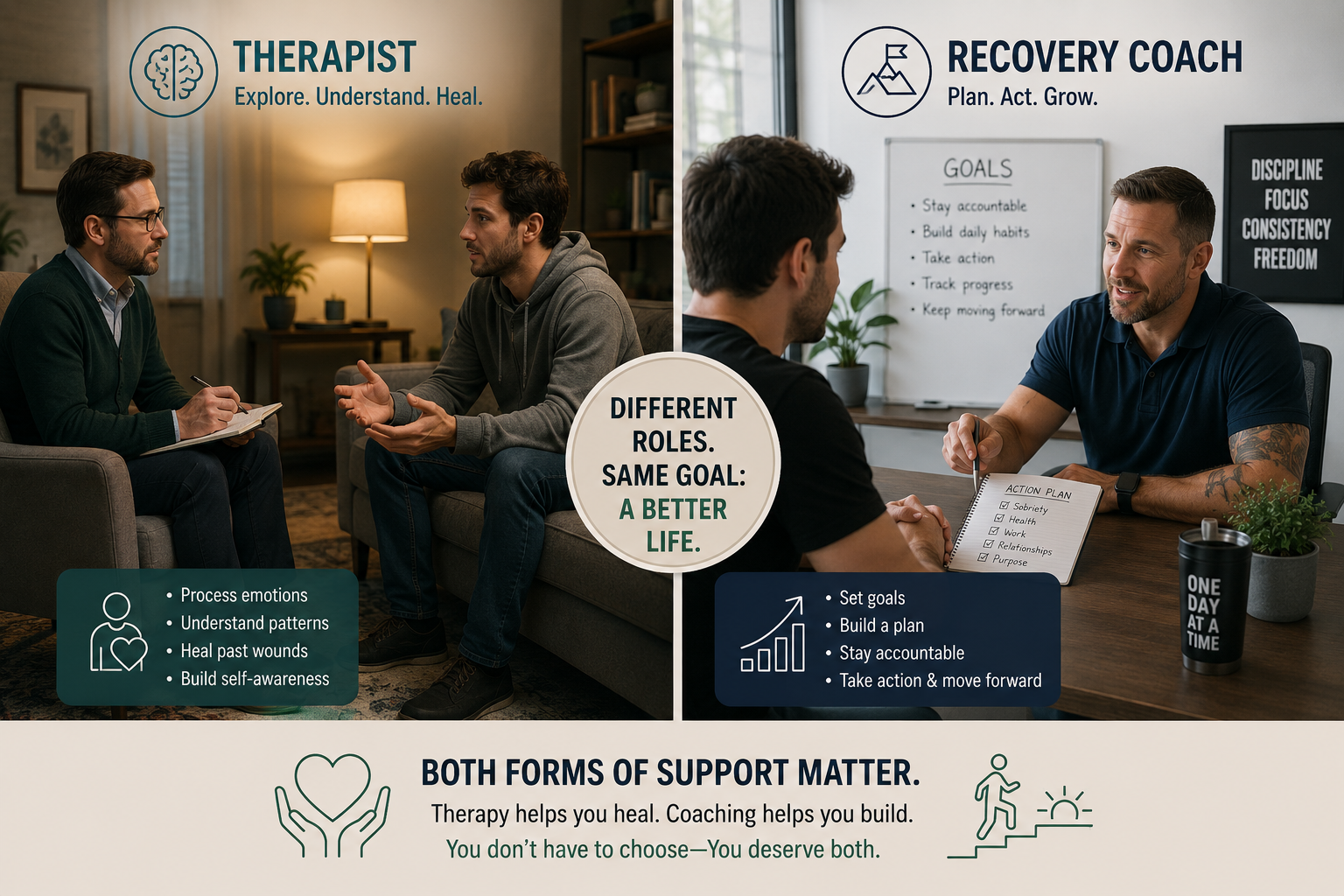 Split image comparing a therapist session and a recovery coach session, showing that both forms of support matter in porn addiction recovery
