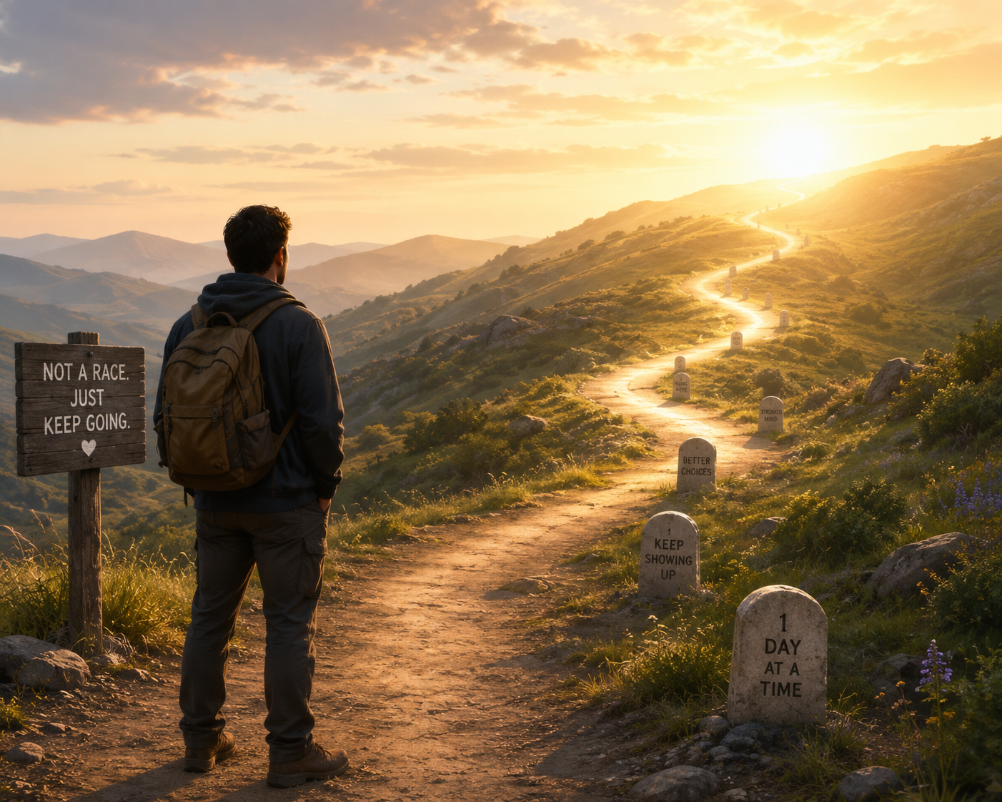 Man standing at the beginning of a winding trail marked with milestones, representing the porn addiction recovery timeline