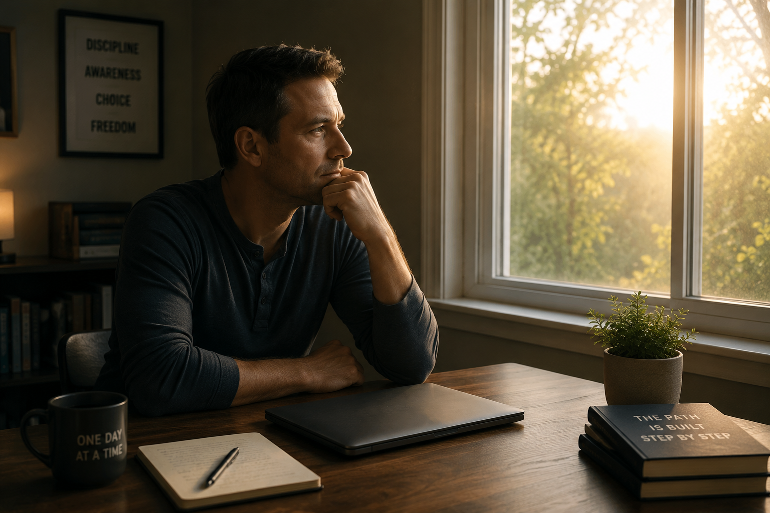 Man sitting alone at a desk looking thoughtfully out a window with morning light, symbolizing reflection on porn addiction recovery